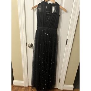 NWT MAYA Deluxe Size M Elegant Navy Blue Sequin Sheer OverEmbellished Maxi Dress